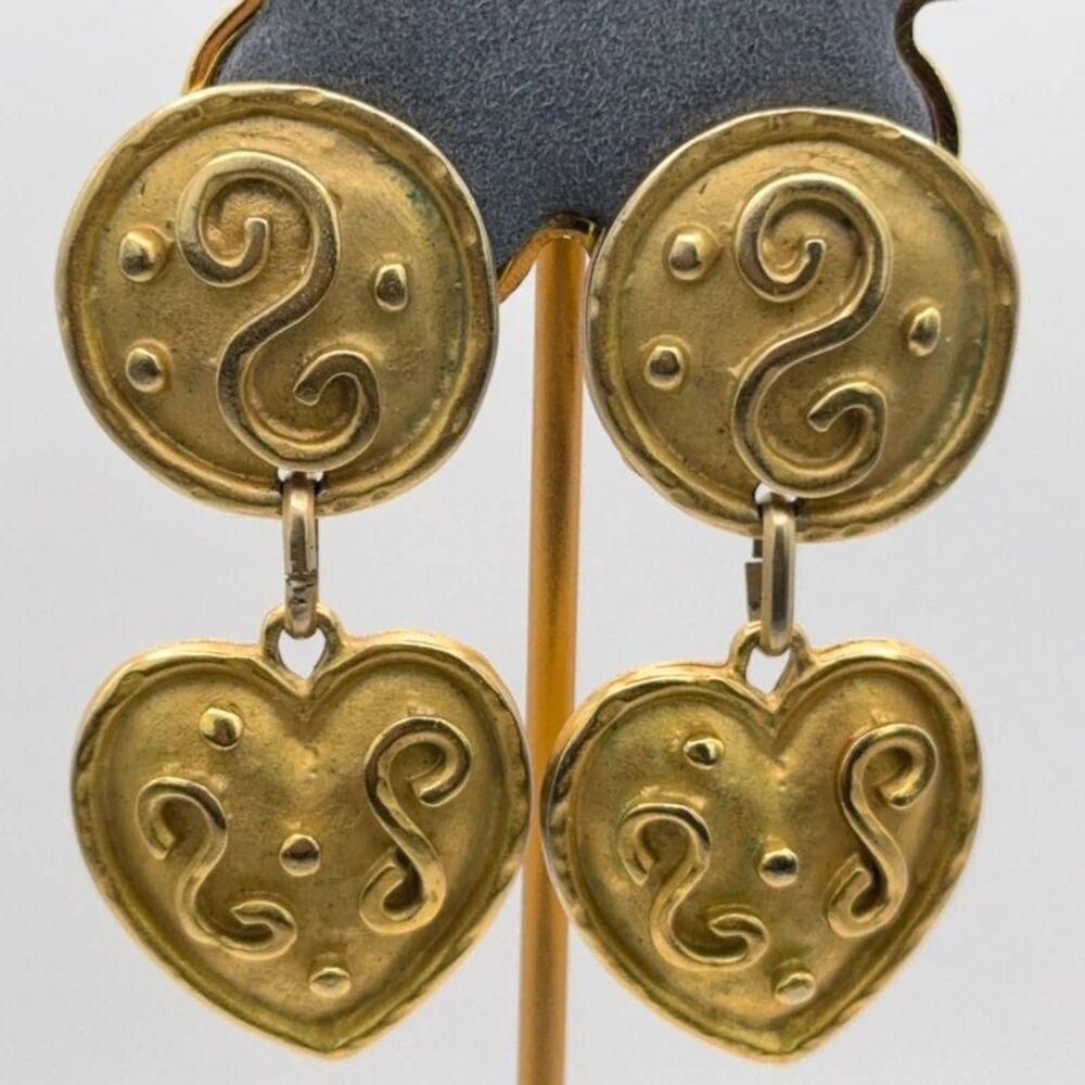 Gold Vintage Italian Gilded Statement Earrings Etruscan Byzantine Motif 1980s